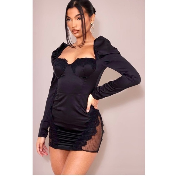 NWT PRETTY LITTLE THING Lace Bustier Long Sleeve Mini Dress Black satin size 8 - Picture 1 of 13